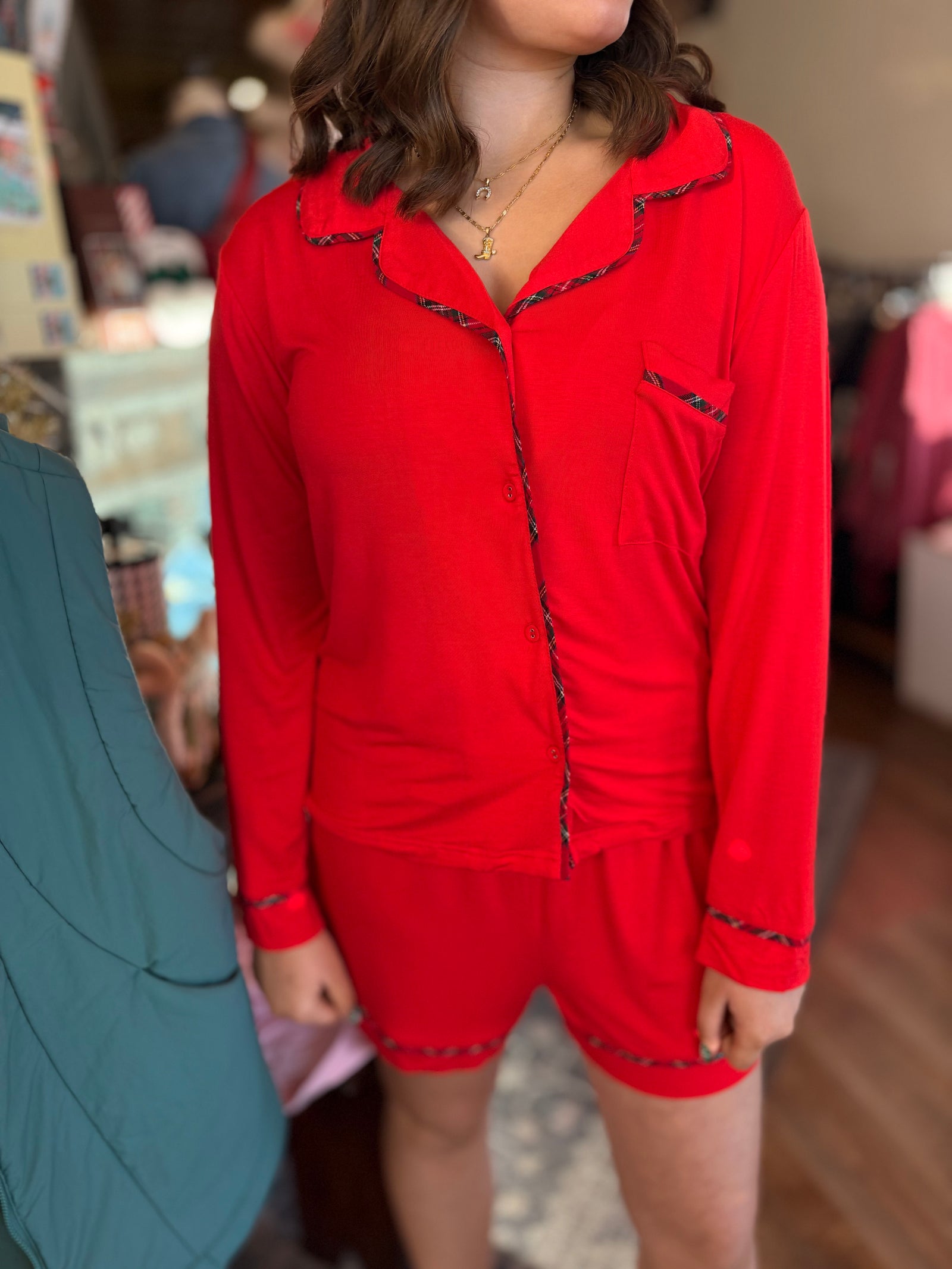 Red Stretch Knit Long Sleeve Top + Short Pajamas w/ Plaid Detail