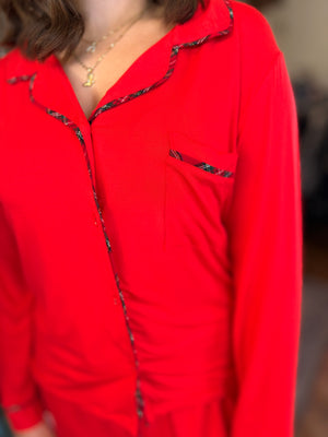 Red Stretch Knit Long Sleeve Top + Short Pajamas w/ Plaid Detail