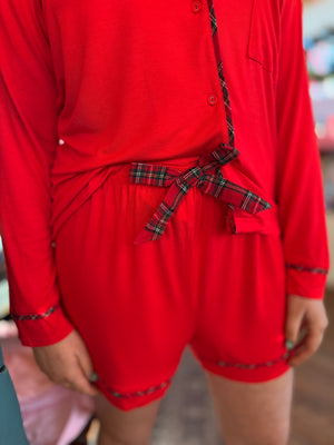 Red Stretch Knit Long Sleeve Top + Short Pajamas w/ Plaid Detail