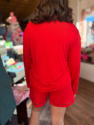 Red Stretch Knit Long Sleeve Top + Short Pajamas w/ Plaid Detail