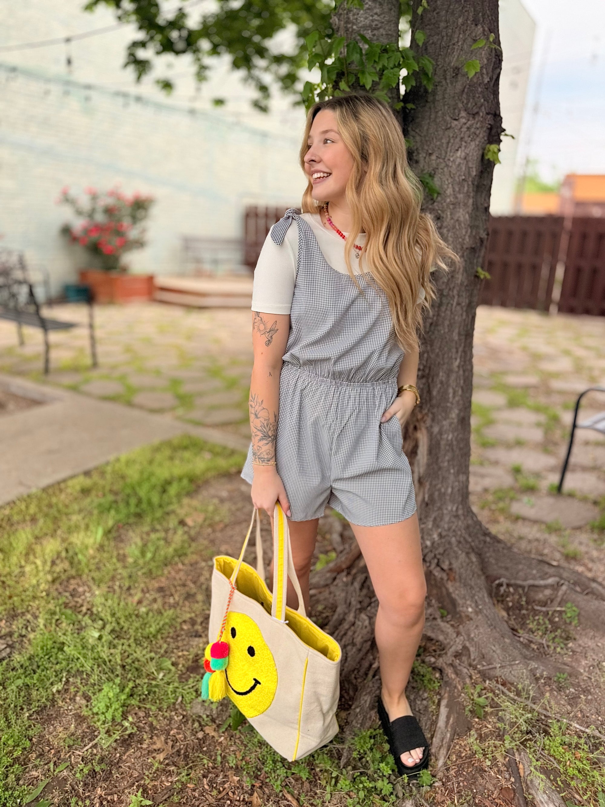 Black Gingham Shoulder Tie Romper