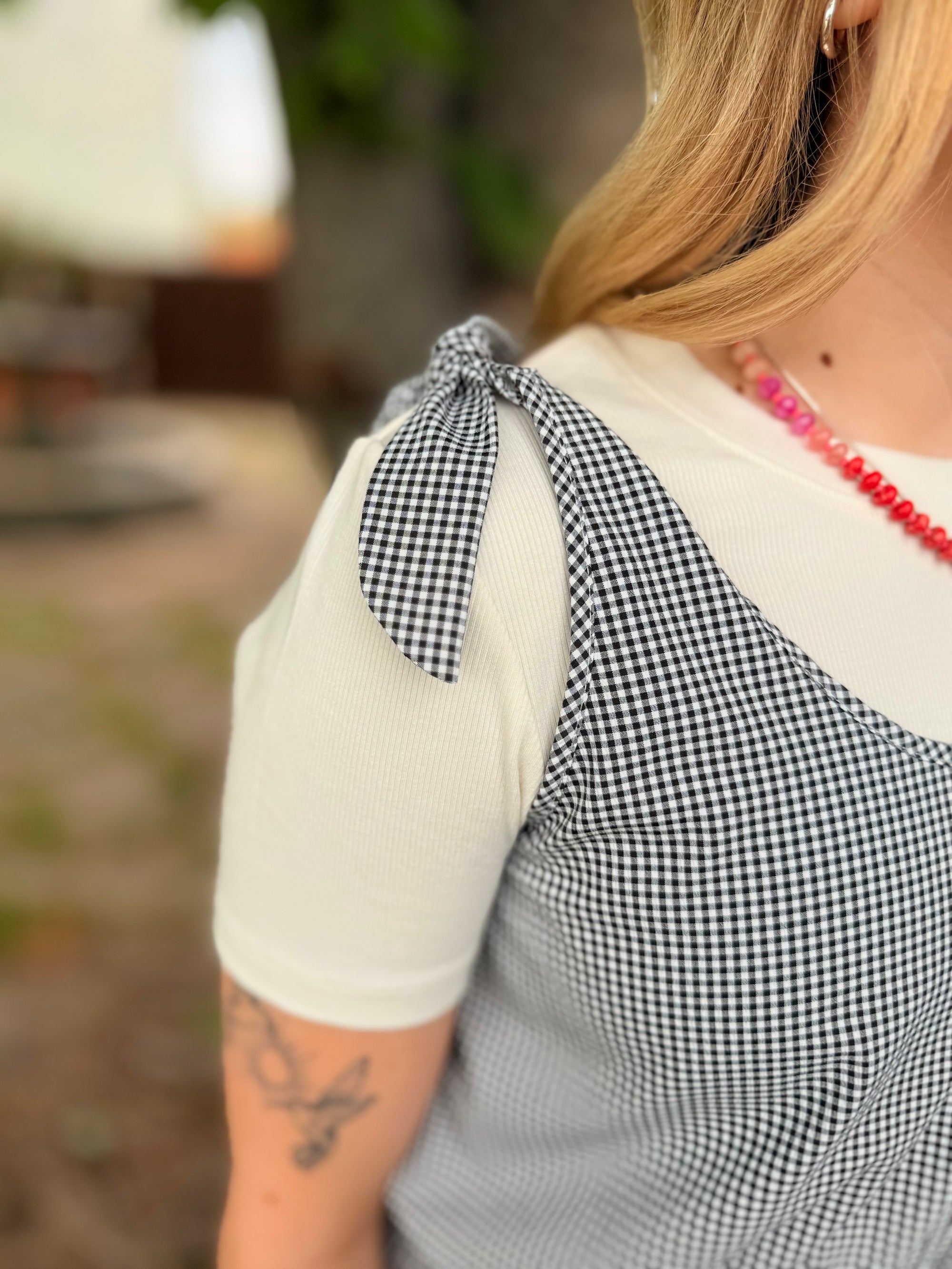 Black Gingham Shoulder Tie Romper