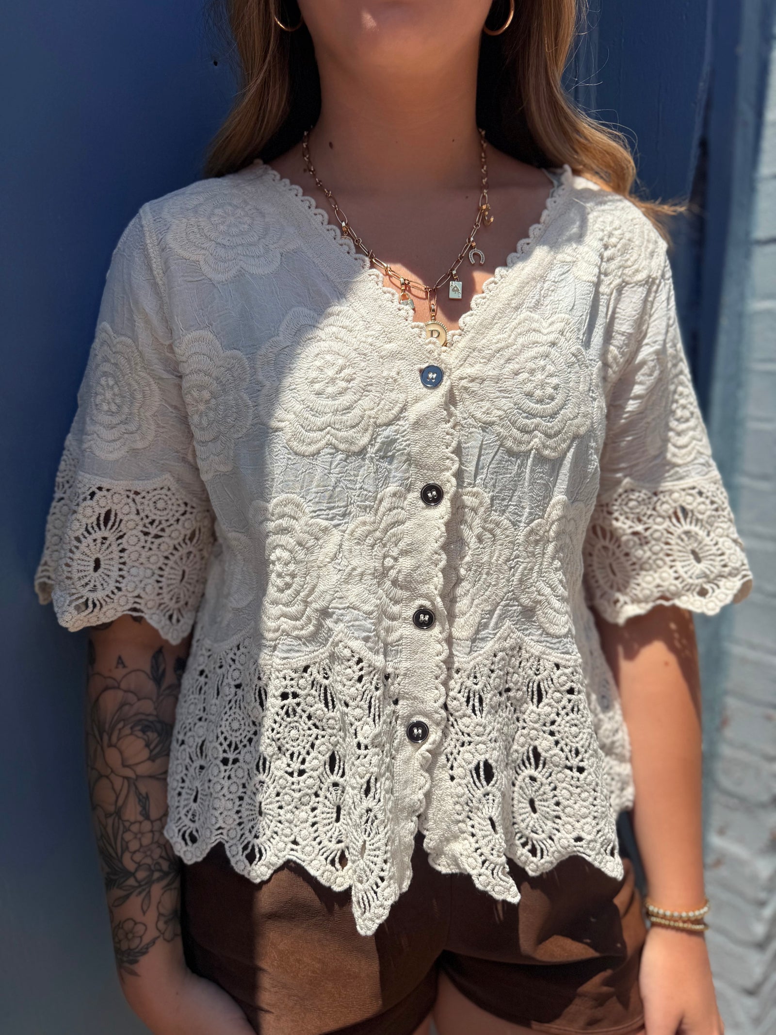 Pol Natural Crochet Trim Button Up Top