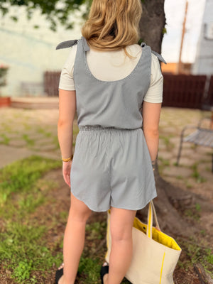 Black Gingham Shoulder Tie Romper