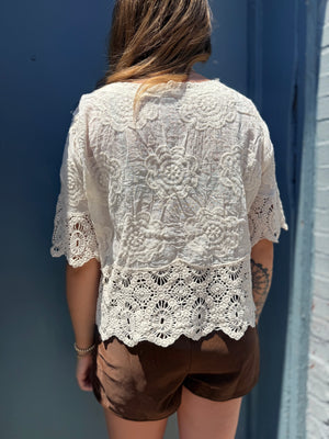 Pol Natural Crochet Trim Button Up Top