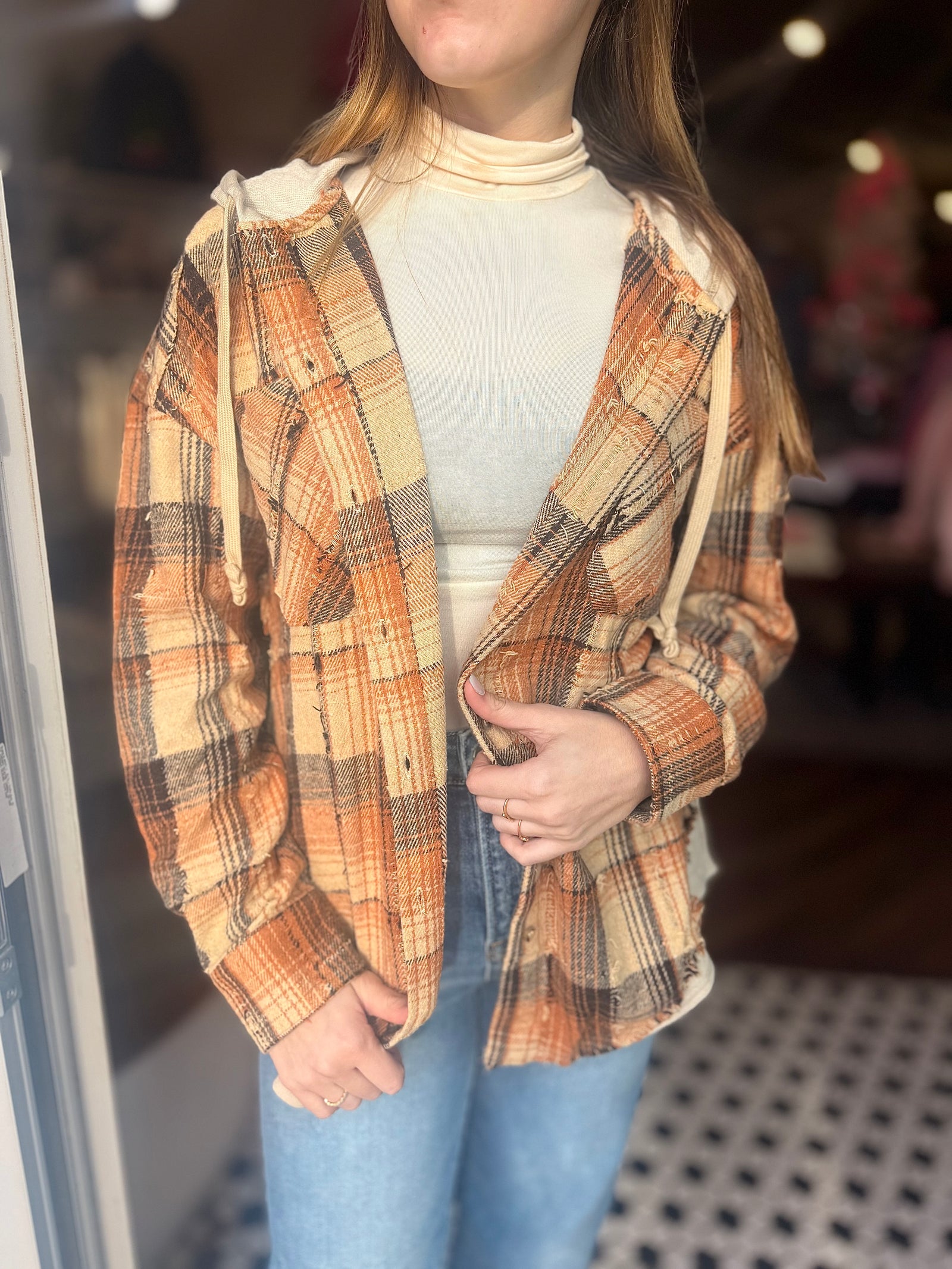 Rust Mix Oversized Hooded Button Down Flannel