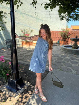 Very J Scallop Button Washed Denim Mini Dress