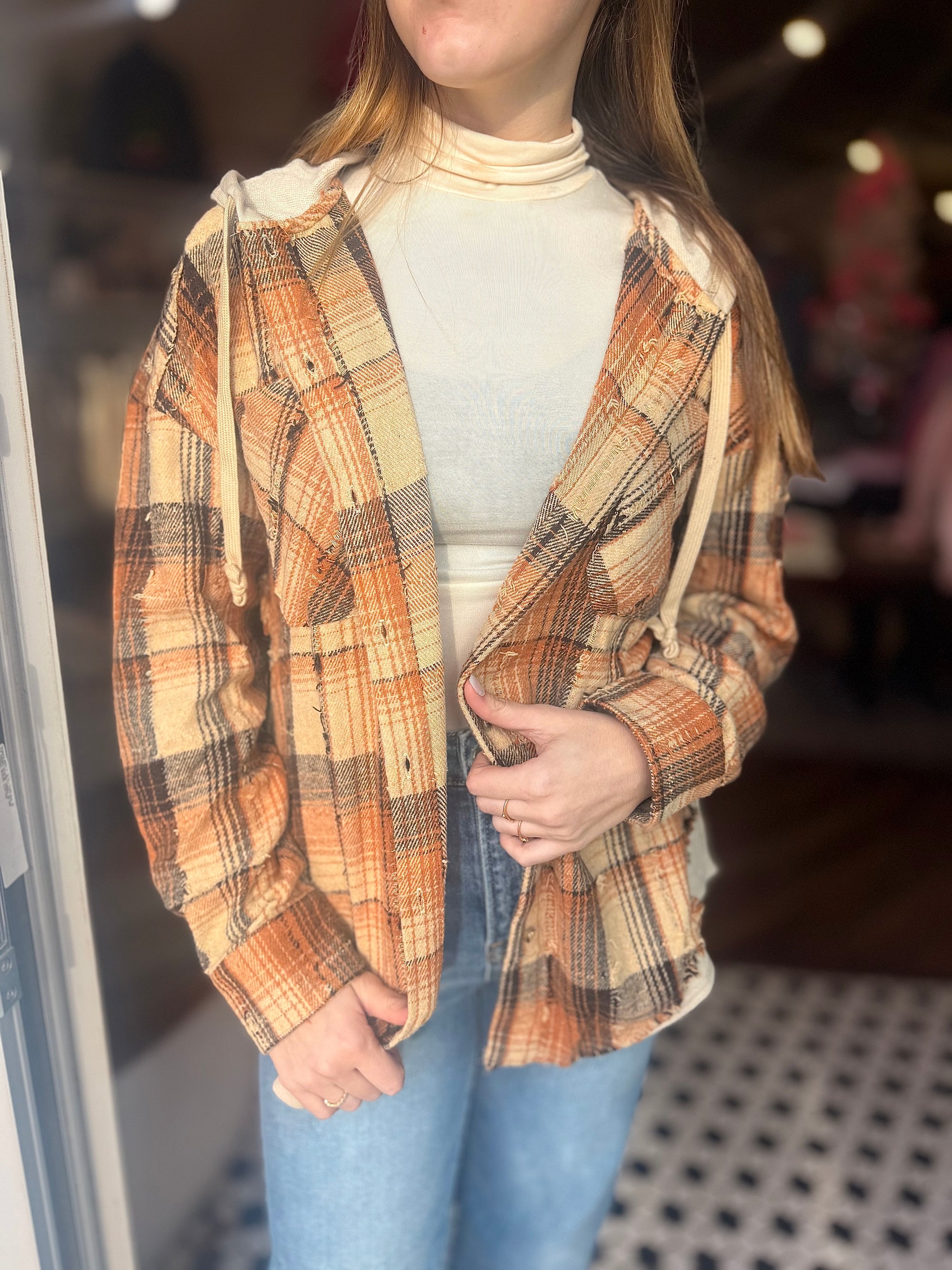 Rust Mix Oversized Hooded Button Down Flannel