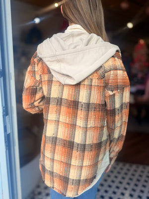 Rust Mix Oversized Hooded Button Down Flannel