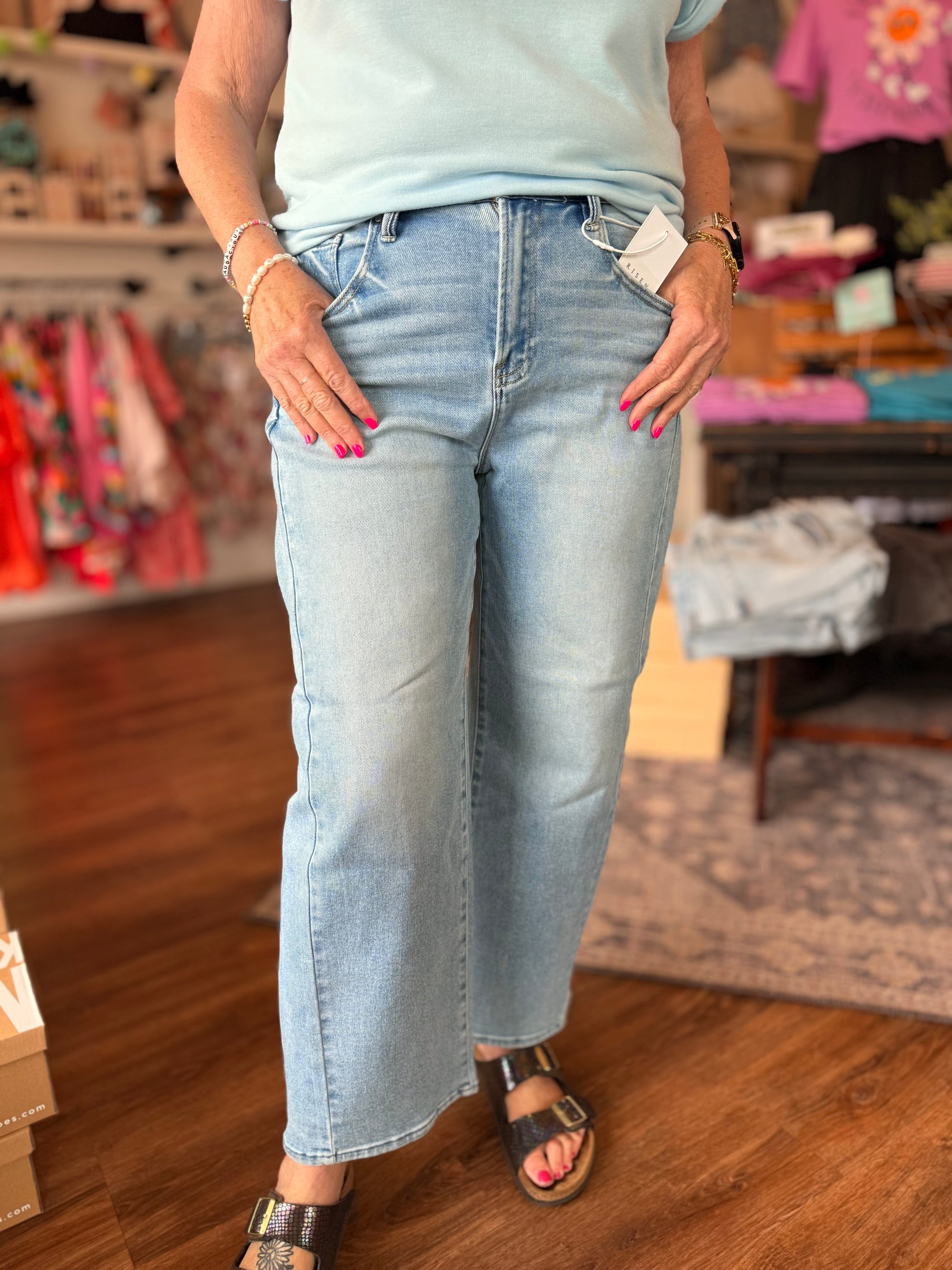 Risen Light Wash High Rise Barrel Jeans w/ Adjustable Waist