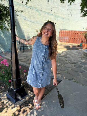 Very J Scallop Button Washed Denim Mini Dress