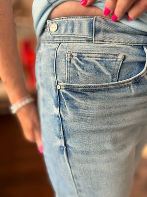 Risen Light Wash High Rise Barrel Jeans w/ Adjustable Waist