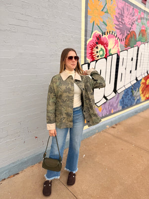 Camo Oversized Shacket w/ Corduroy Contrast