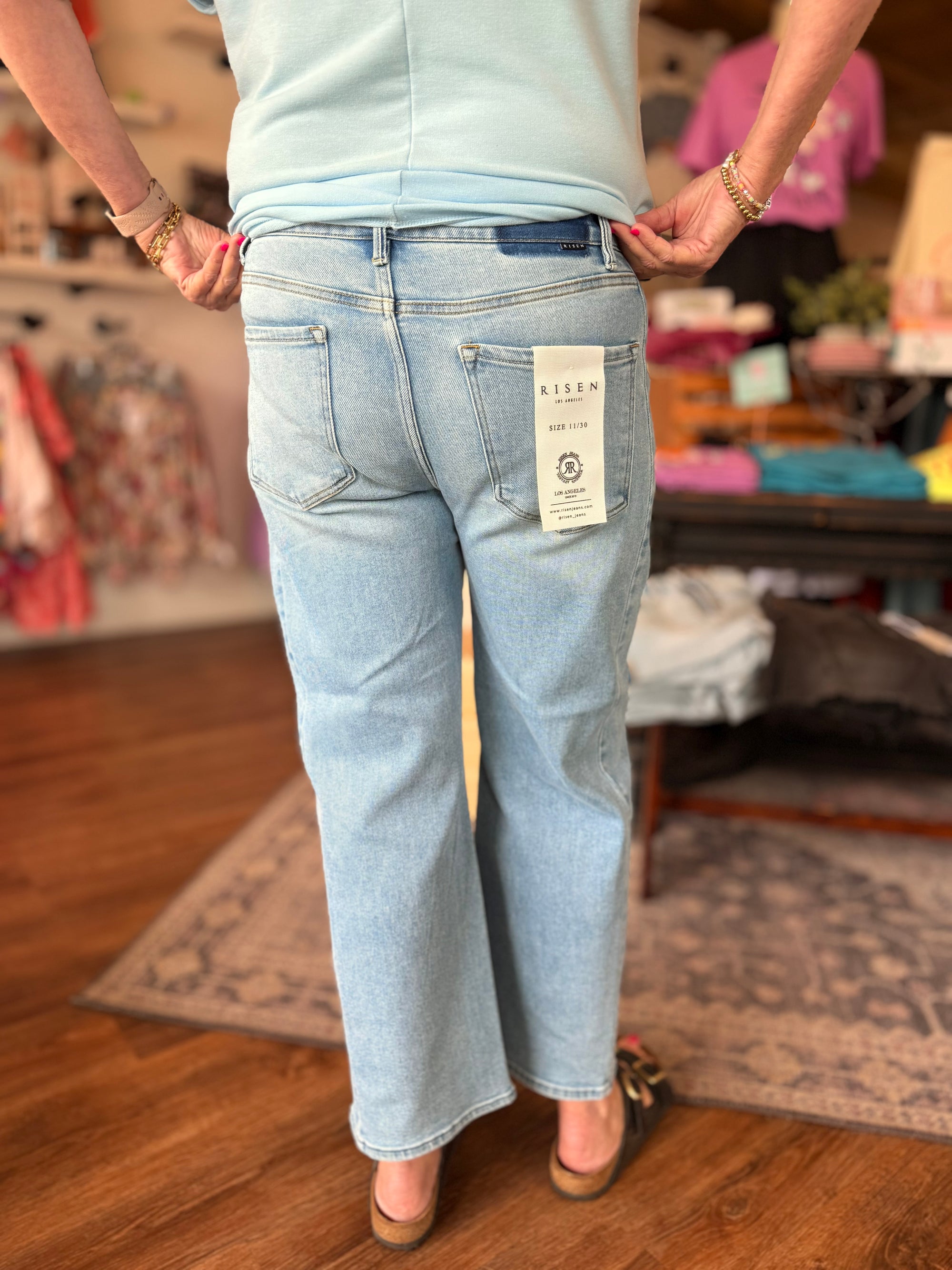 Risen Light Wash High Rise Barrel Jeans w/ Adjustable Waist