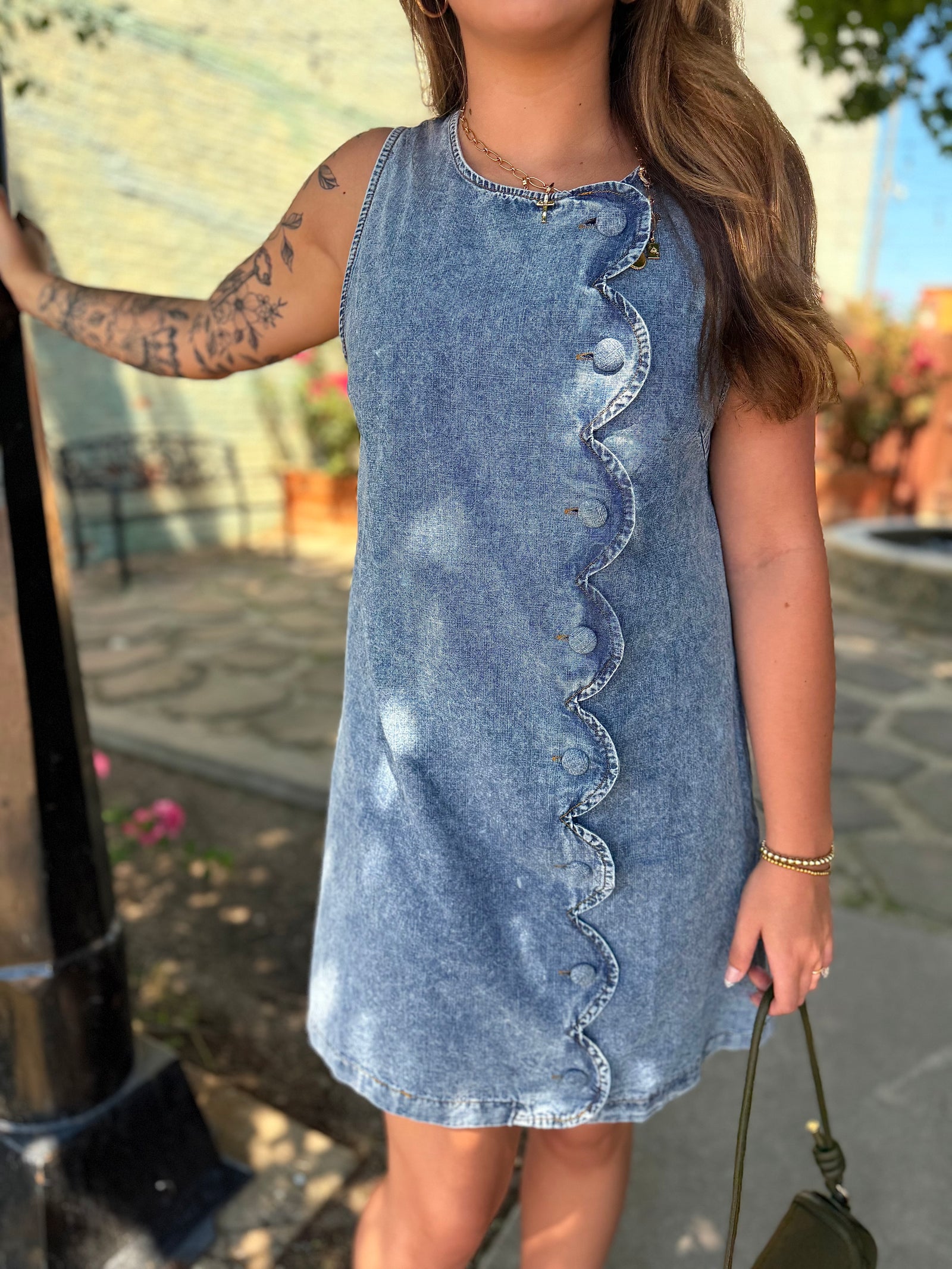 Very J Scallop Button Washed Denim Mini Dress
