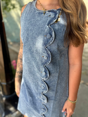 Very J Scallop Button Washed Denim Mini Dress