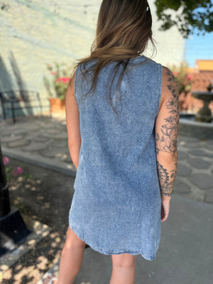 Very J Scallop Button Washed Denim Mini Dress