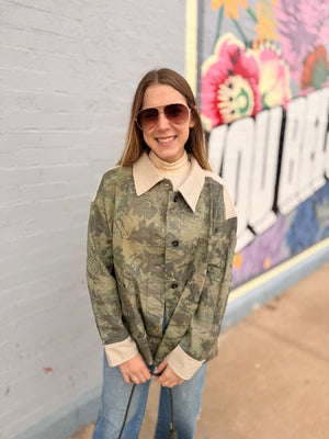 Camo Oversized Shacket w/ Corduroy Contrast