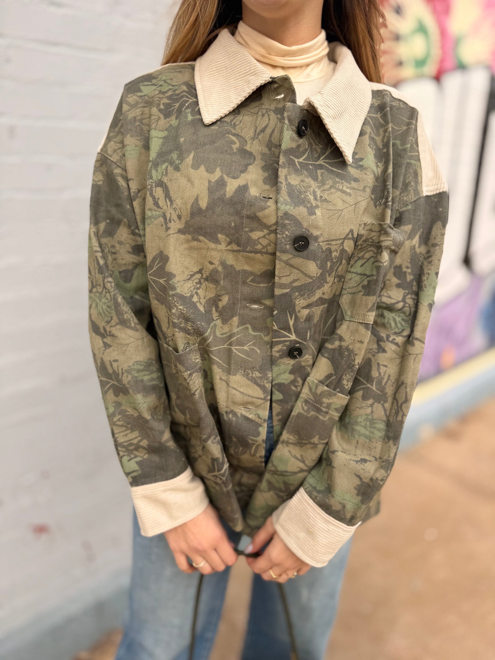 Camo Oversized Shacket w/ Corduroy Contrast