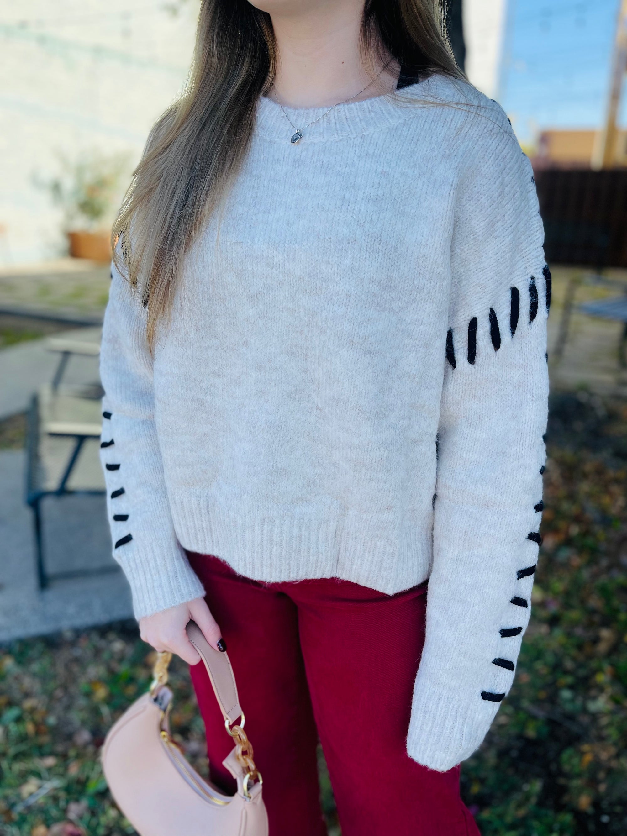 Oatmeal Sweater w/ Black Stitch Detail