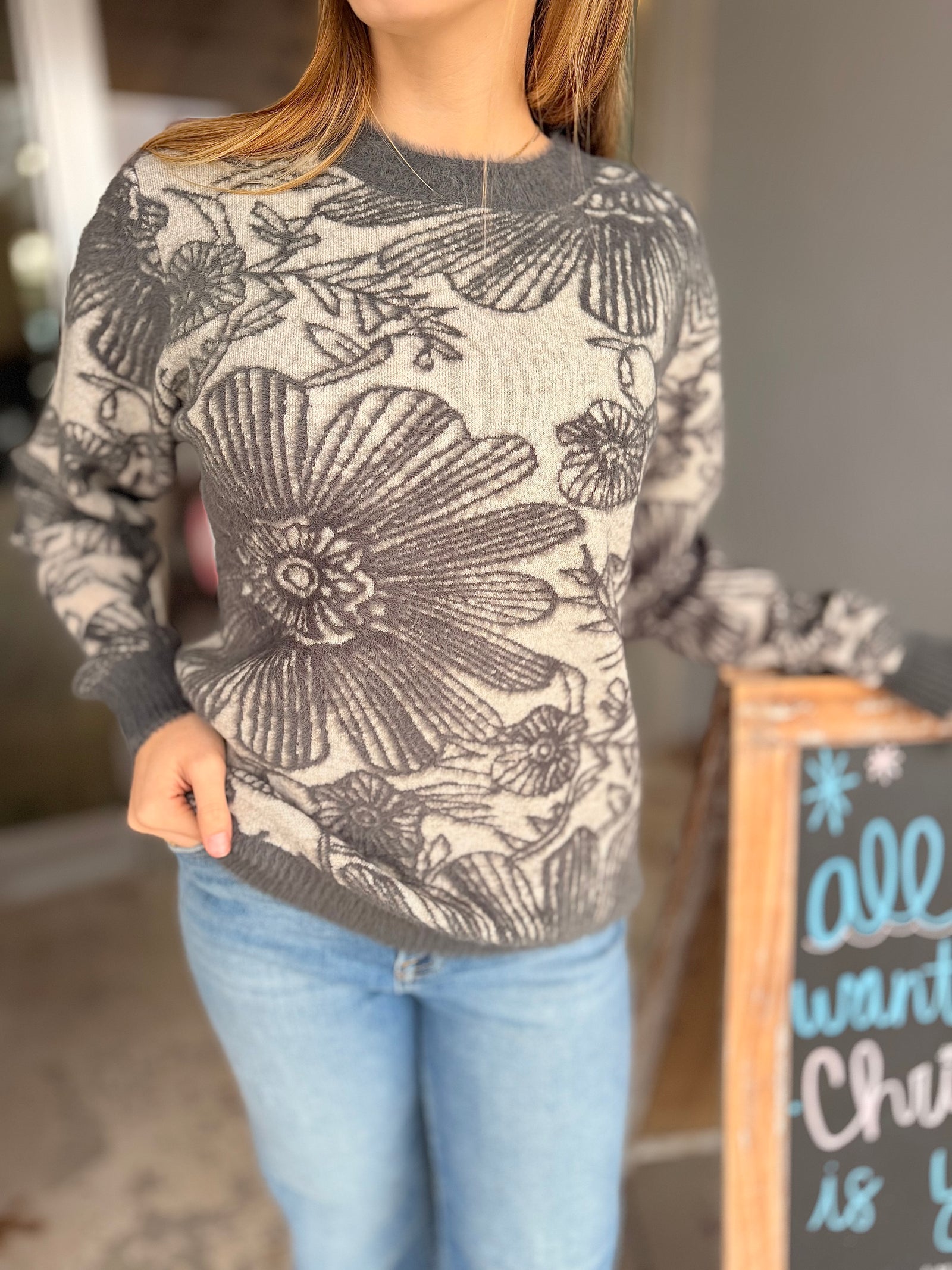 Grey Super Soft Floral Crewneck Sweater