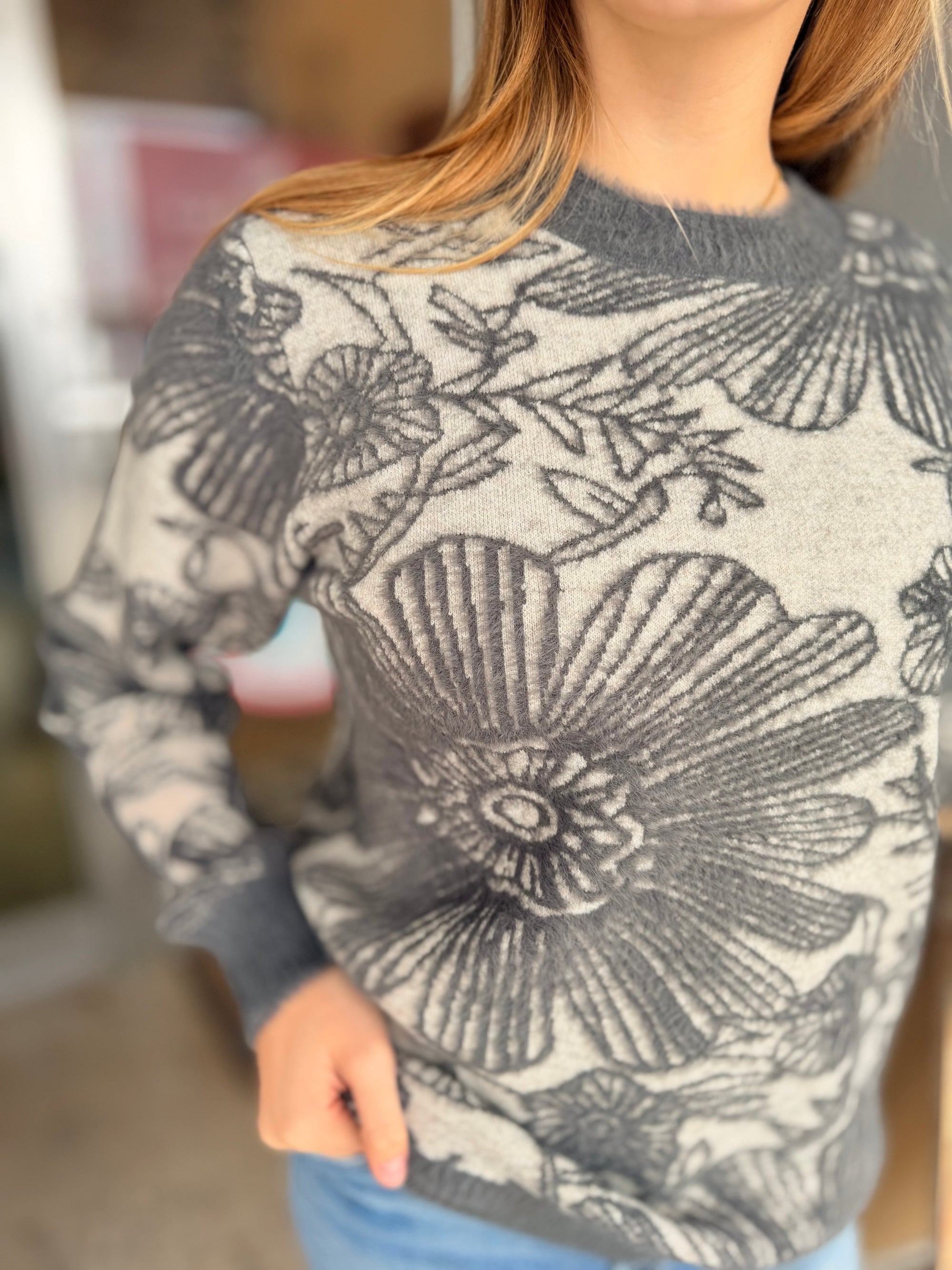 Grey Super Soft Floral Crewneck Sweater