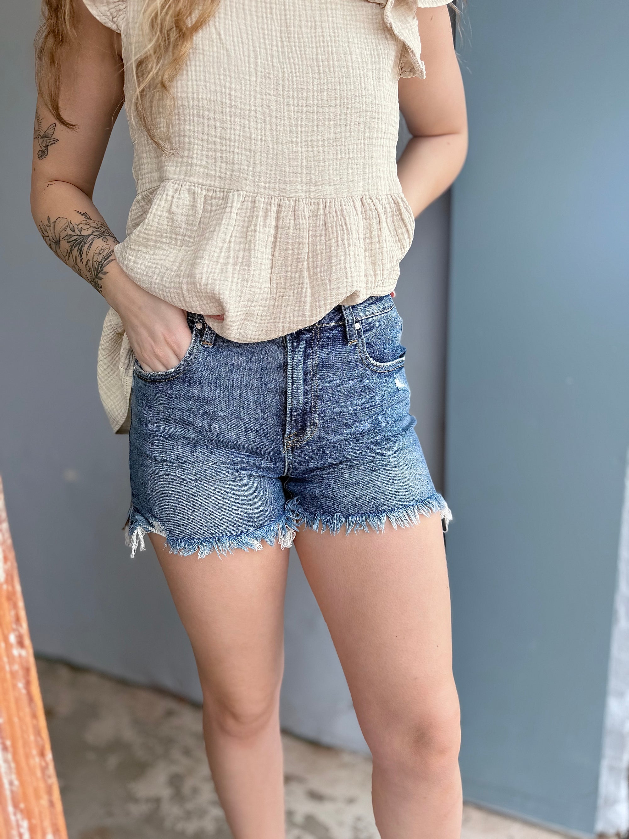 Risen Medium Wash High Rise Shorts