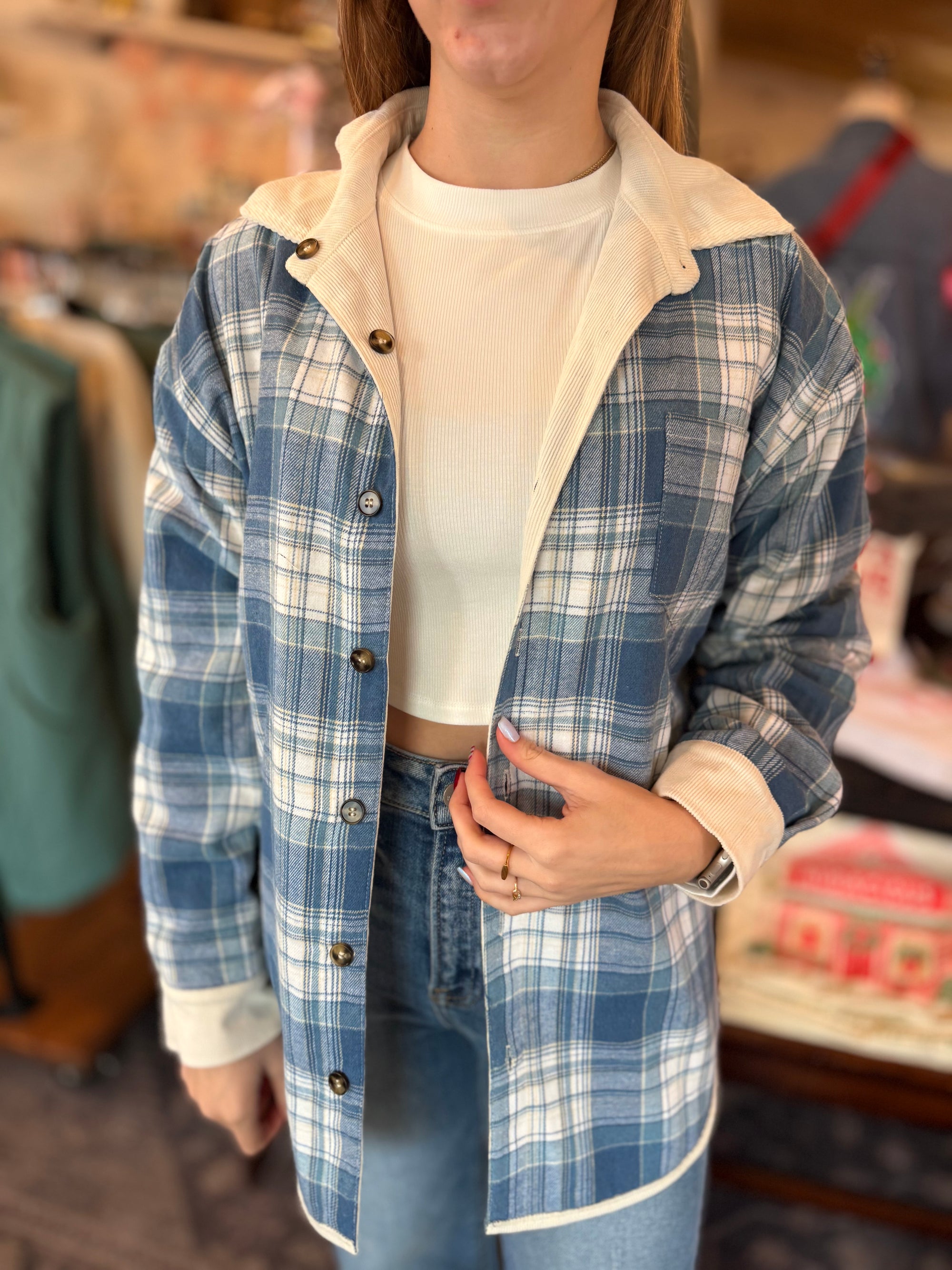 Blue Plaid + Cream Corduroy Reversible Jacket