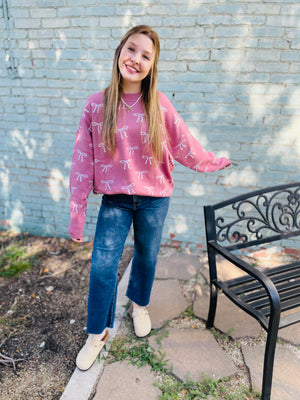 Pink Crewneck Oversized Sweater w/ Bow Pattern