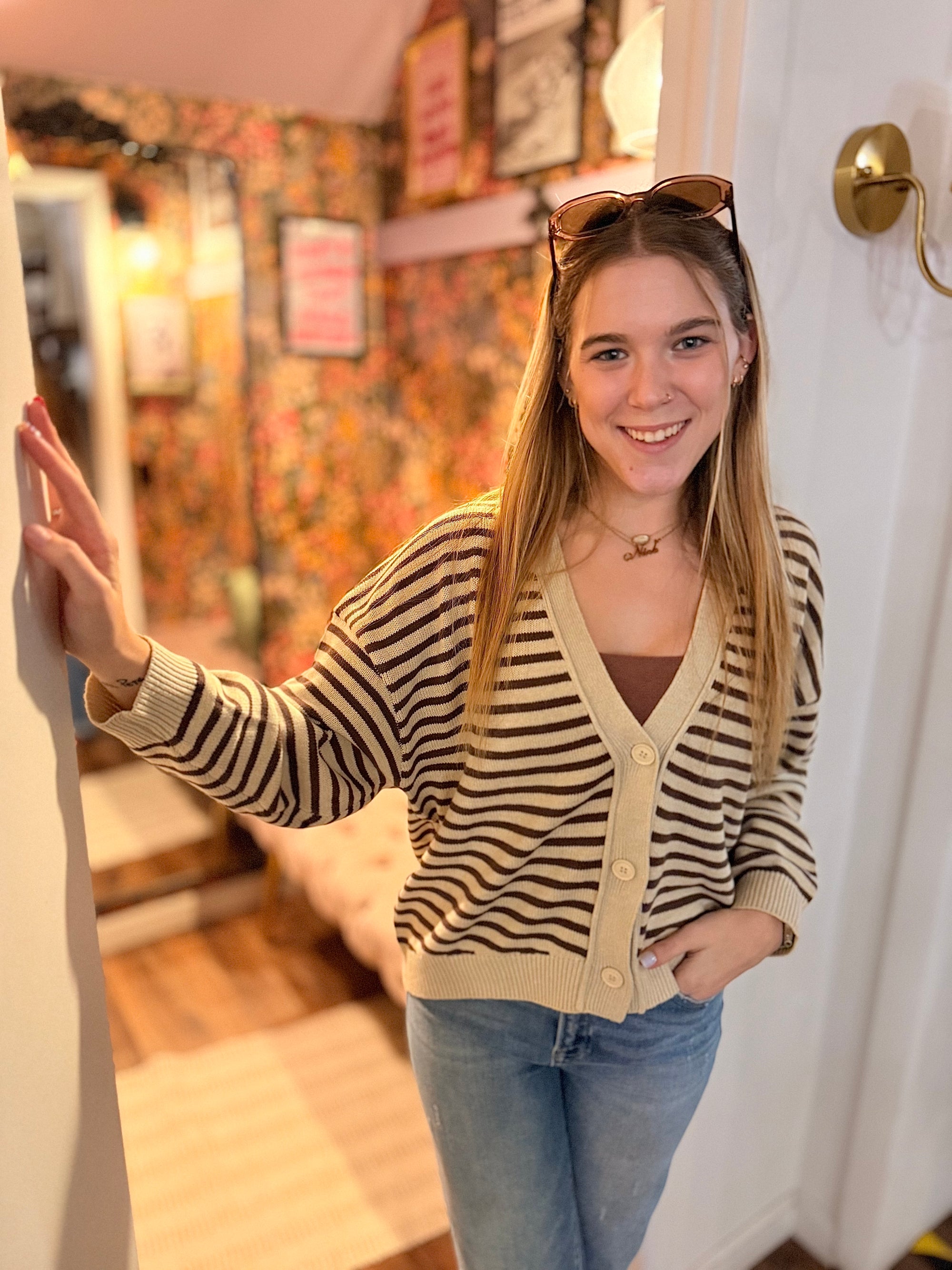 Brown Stripe Button Down Knit Cardigan