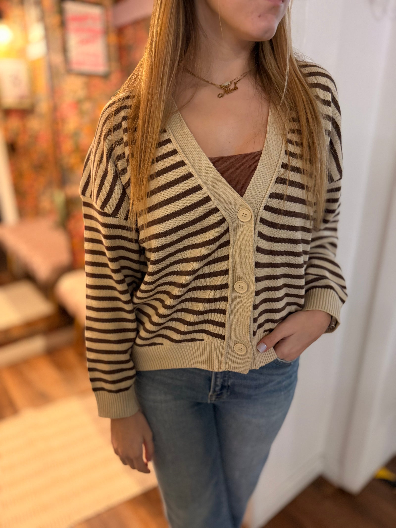 Brown Stripe Button Down Knit Cardigan
