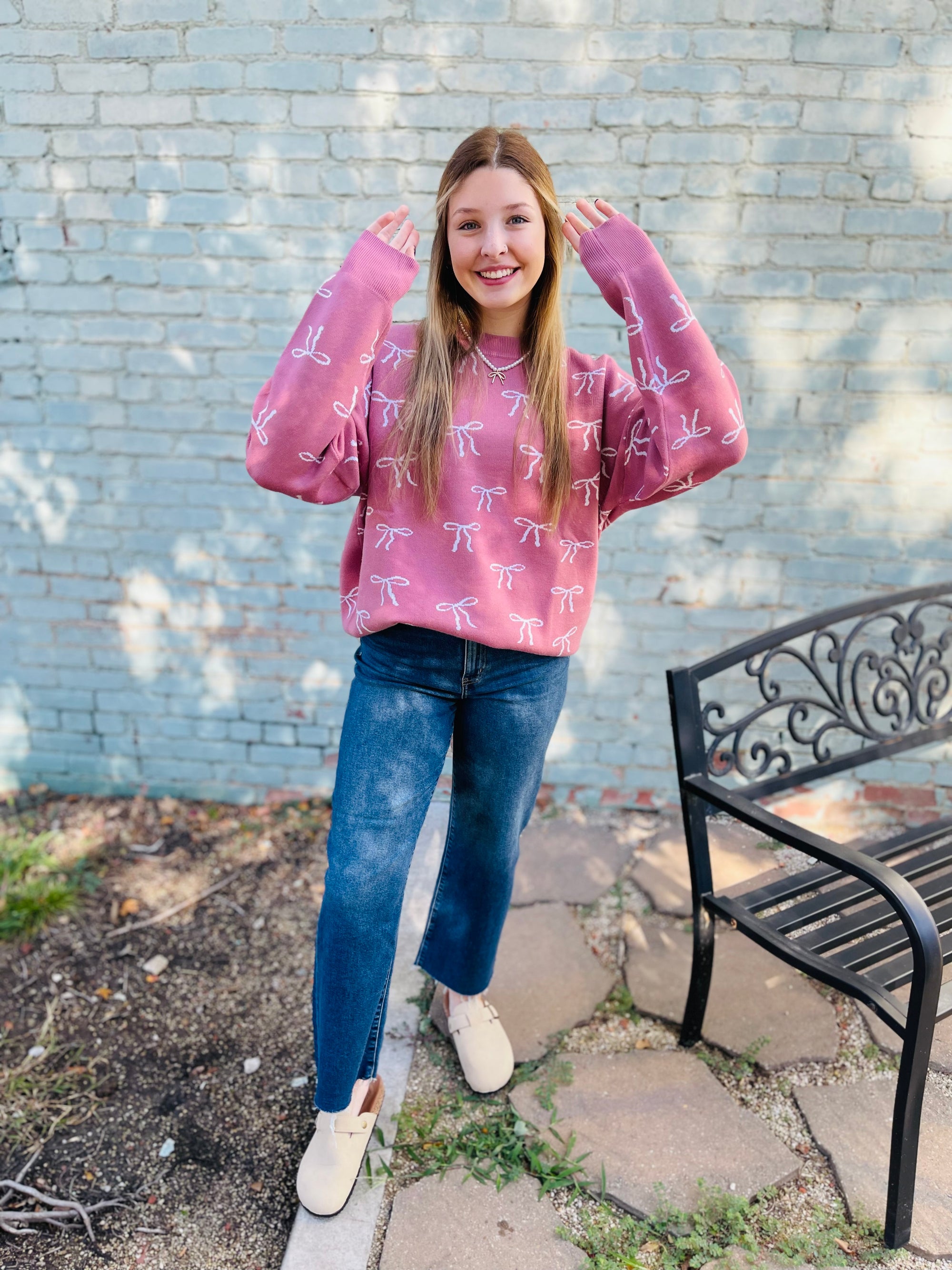 Pink Crewneck Oversized Sweater w/ Bow Pattern