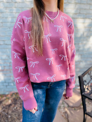 Pink Crewneck Oversized Sweater w/ Bow Pattern