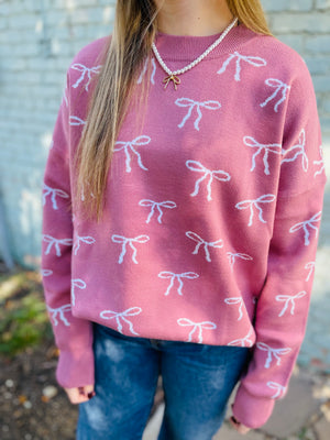 Pink Crewneck Oversized Sweater w/ Bow Pattern