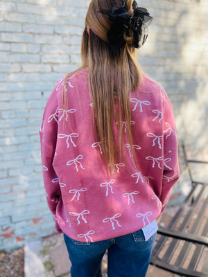 Pink Crewneck Oversized Sweater w/ Bow Pattern