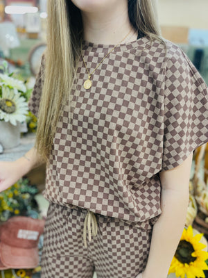 Brown Ultra Soft Checkered Short Sleeve Top