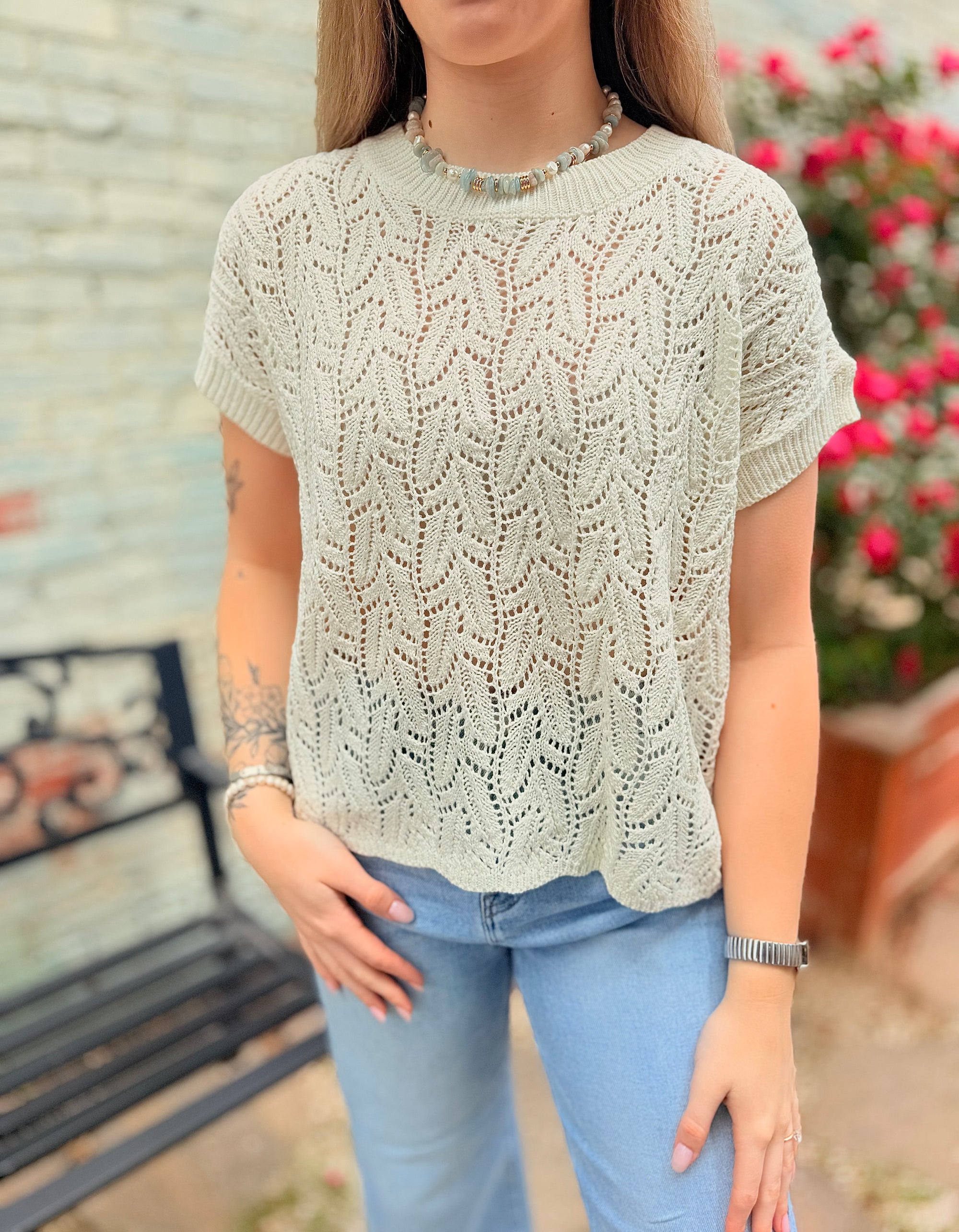 Ivory Open Knit Short Sleeve Top