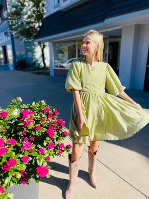 Pistachio Tencel Blend Puff Sleeve Mini Dress