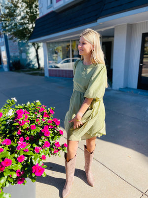 Pistachio Tencel Blend Puff Sleeve Mini Dress