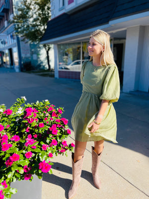 Pistachio Tencel Blend Puff Sleeve Mini Dress