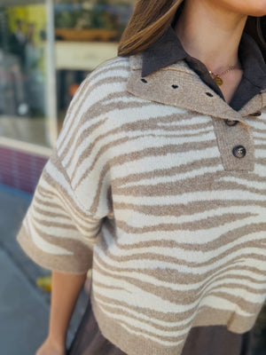 Entro Sand Zebra Collared Quarter Sleeve Sweater