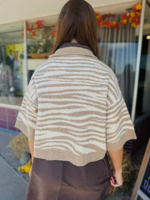 Entro Sand Zebra Collared Quarter Sleeve Sweater
