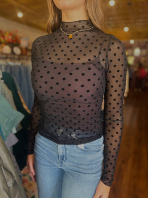 Very J Black Polka Dot High Neck Sheer Mesh Knit Top