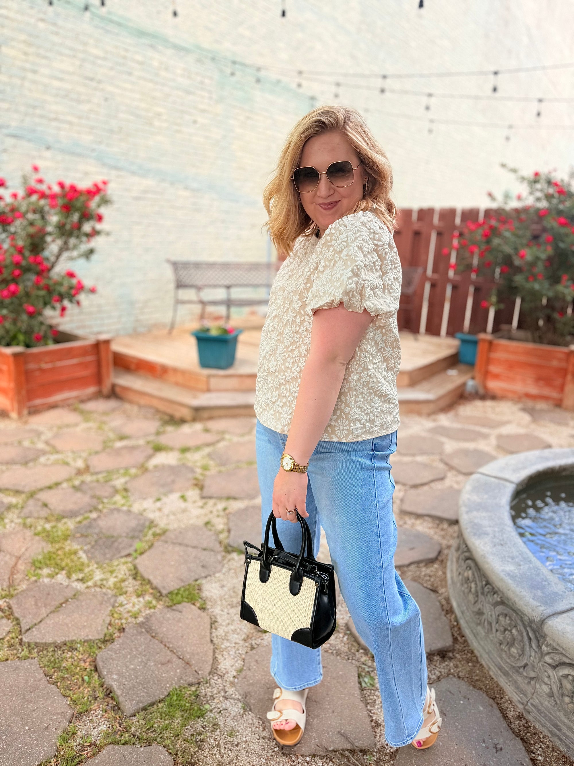 Oatmeal Floral Texture Balloon Sleeve Top