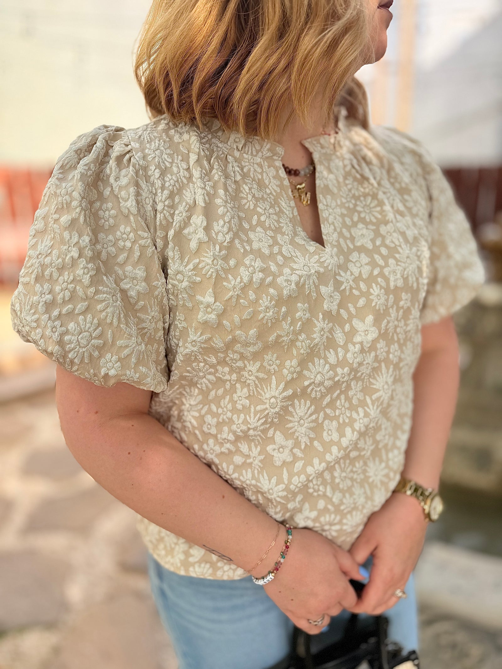 Oatmeal Floral Texture Balloon Sleeve Top