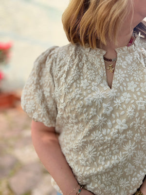 Oatmeal Floral Texture Balloon Sleeve Top
