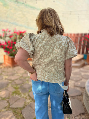 Oatmeal Floral Texture Balloon Sleeve Top