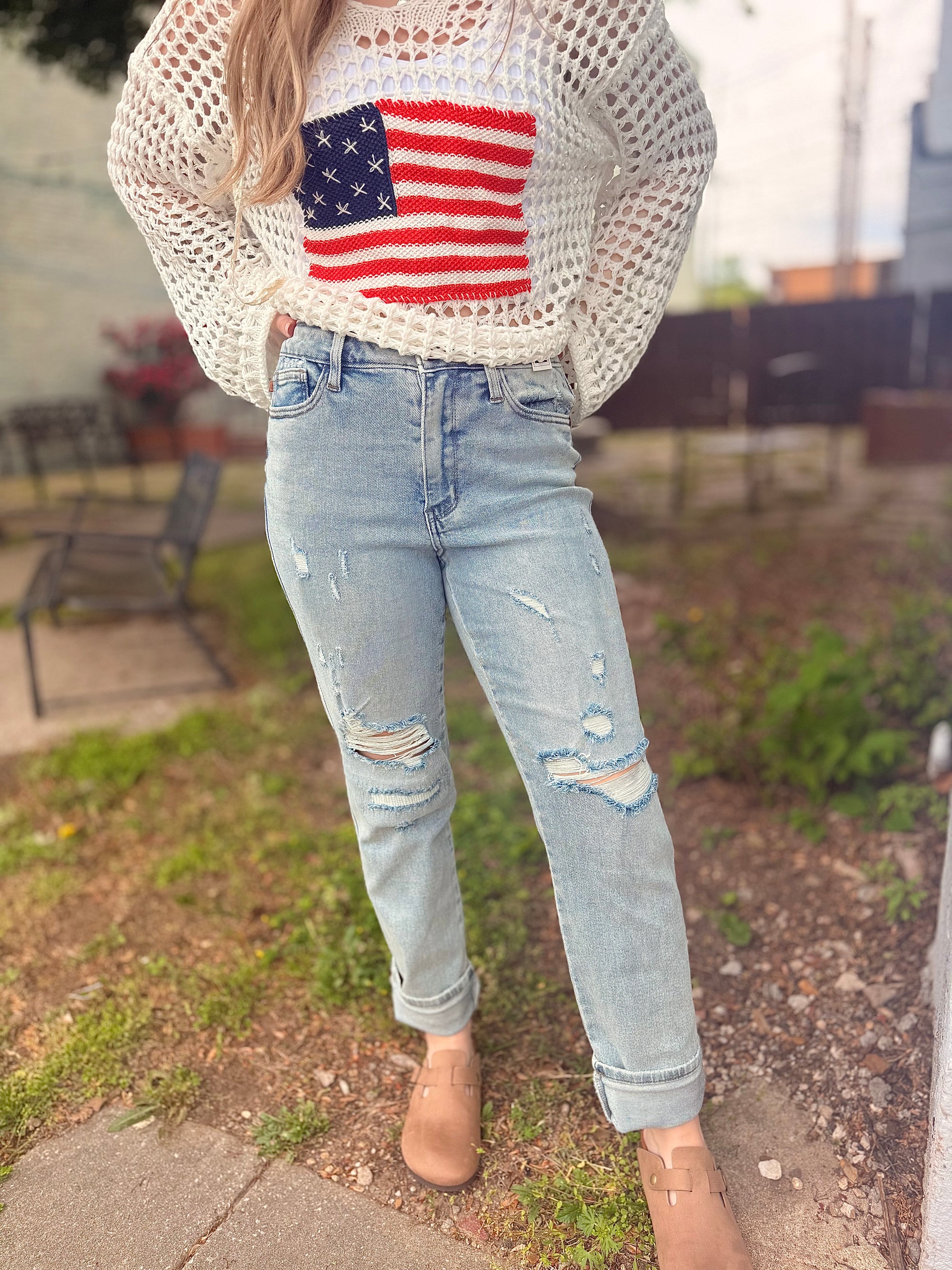 Judy Blue Light Wash Destroy Detail Boyfriend Jean