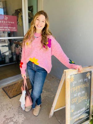 Pink Daisy Pattern Knitted Sweater