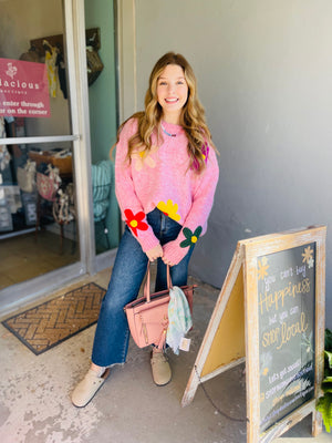 Pink Daisy Pattern Knitted Sweater